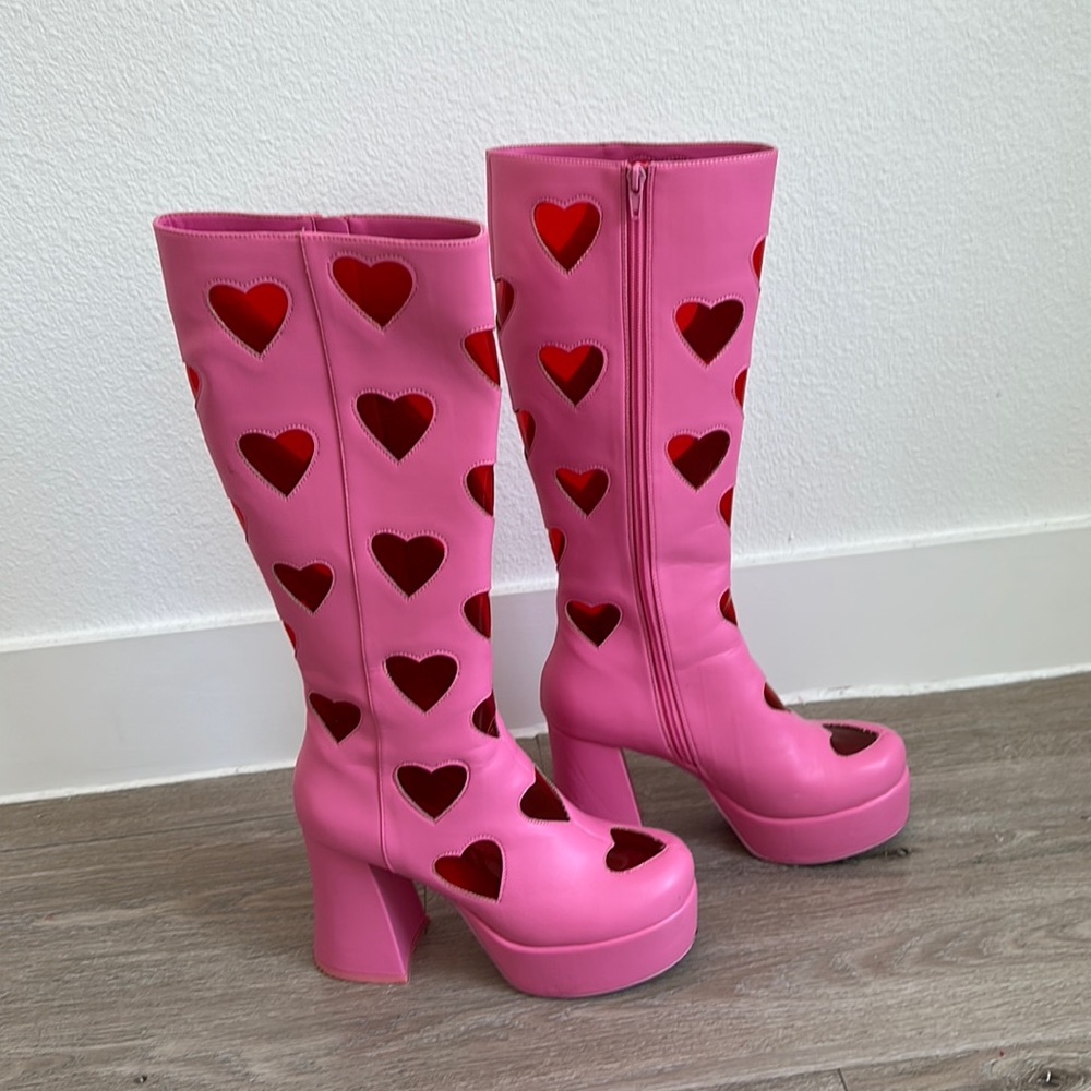 Nasty Gal Pink and Red Heart Heeled Boots